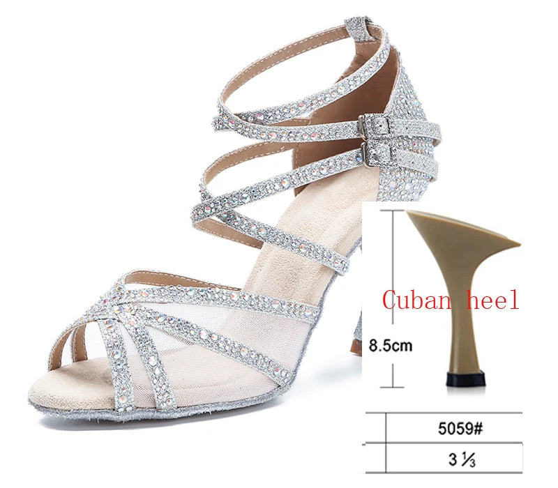 Silver Rhinestone Strappy Latin Heels | Satin | 6–10cm Stiletto