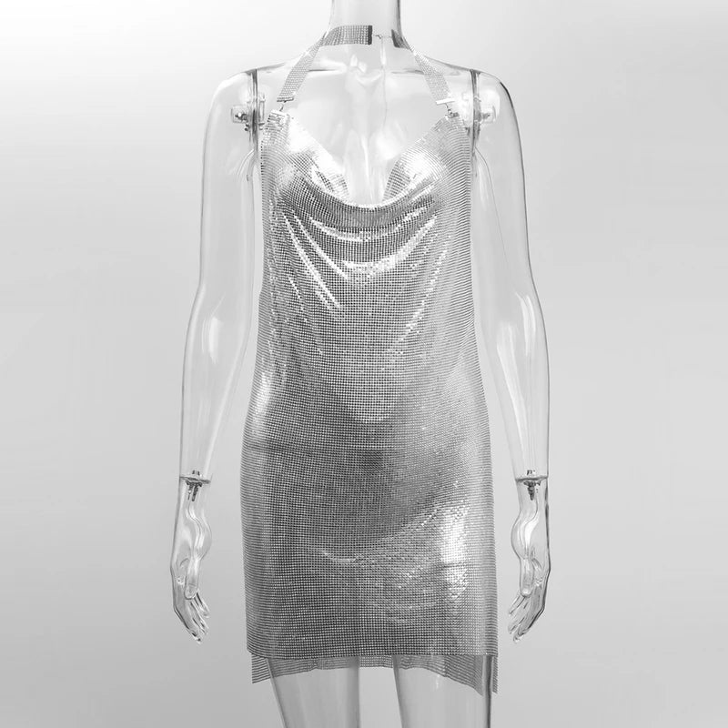 Sequin Halter Mini Dress - Backless with Side Split