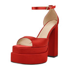 Satin Platform Sandals | Buckle Strap | 14cm Square Heel | Sizes US 5–15