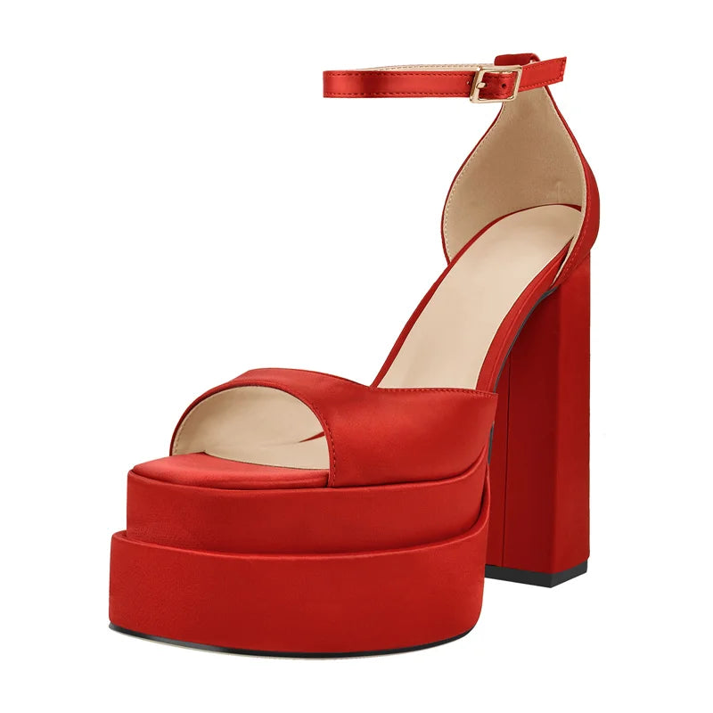 Satin Platform Sandals | Buckle Strap | 14cm Square Heel | Sizes US 5–15