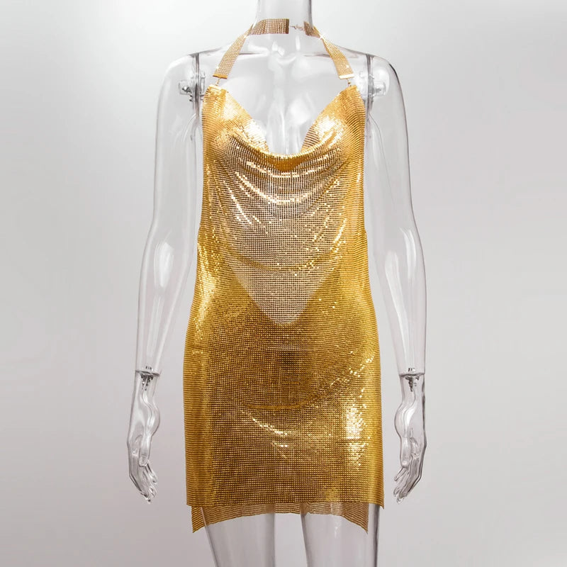 Sequin Halter Mini Dress - Backless with Side Split