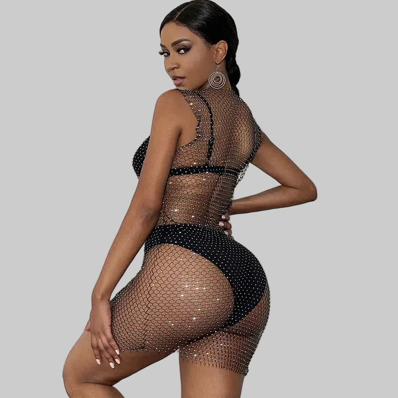 Rhinestone Fishnet Grid Mini Dress