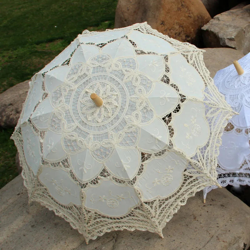 Victorian Lace Parasol | Battenburg Cotton | Black, White & Beige