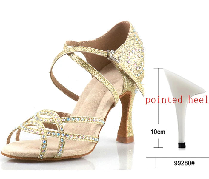 Women's Latin Dance Shoes | Satin Rhinestone | Multi Heel