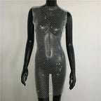 Crystal Fishnet Mini Dress - Rhinestone Mesh Party Dress