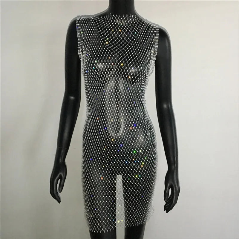 Crystal Fishnet Mini Dress - Rhinestone Mesh Party Dress