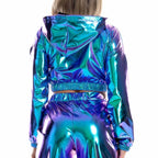 Holographic Crop Hoodie | Metallic Shiny | Drawstring