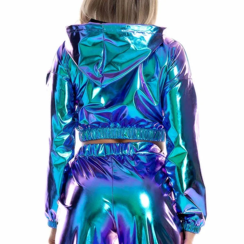 Holographic Crop Hoodie | Metallic Shiny | Drawstring