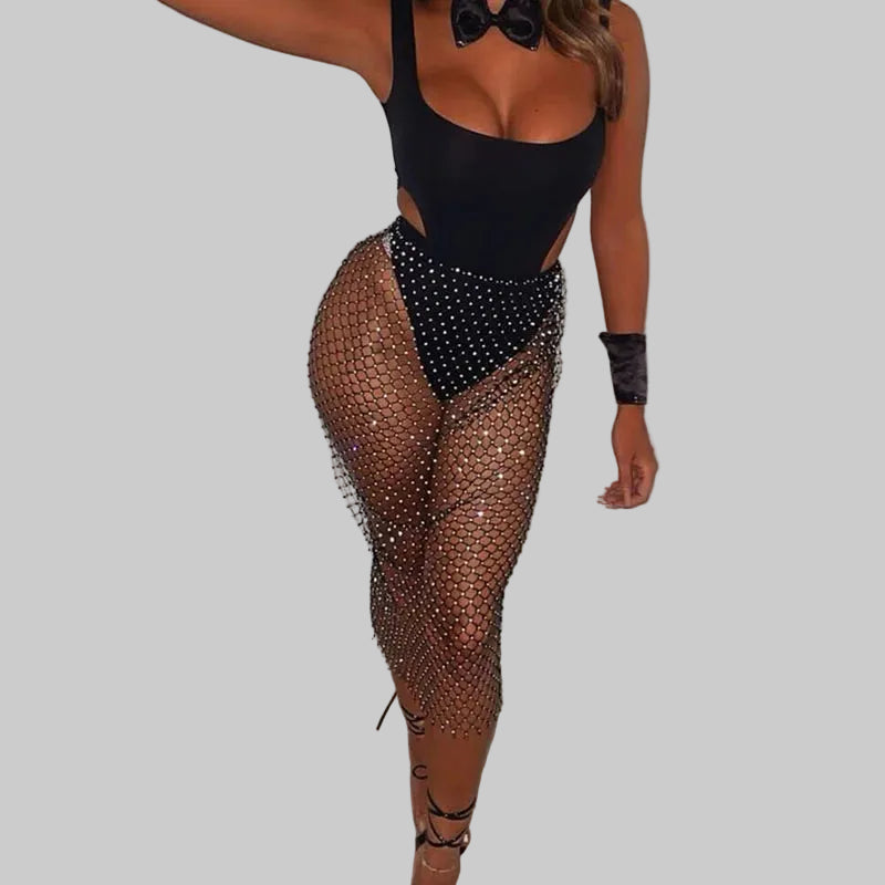 Rhinestone Fishnet Grid Midi Skirt - Sheer Empire Waist Skirt