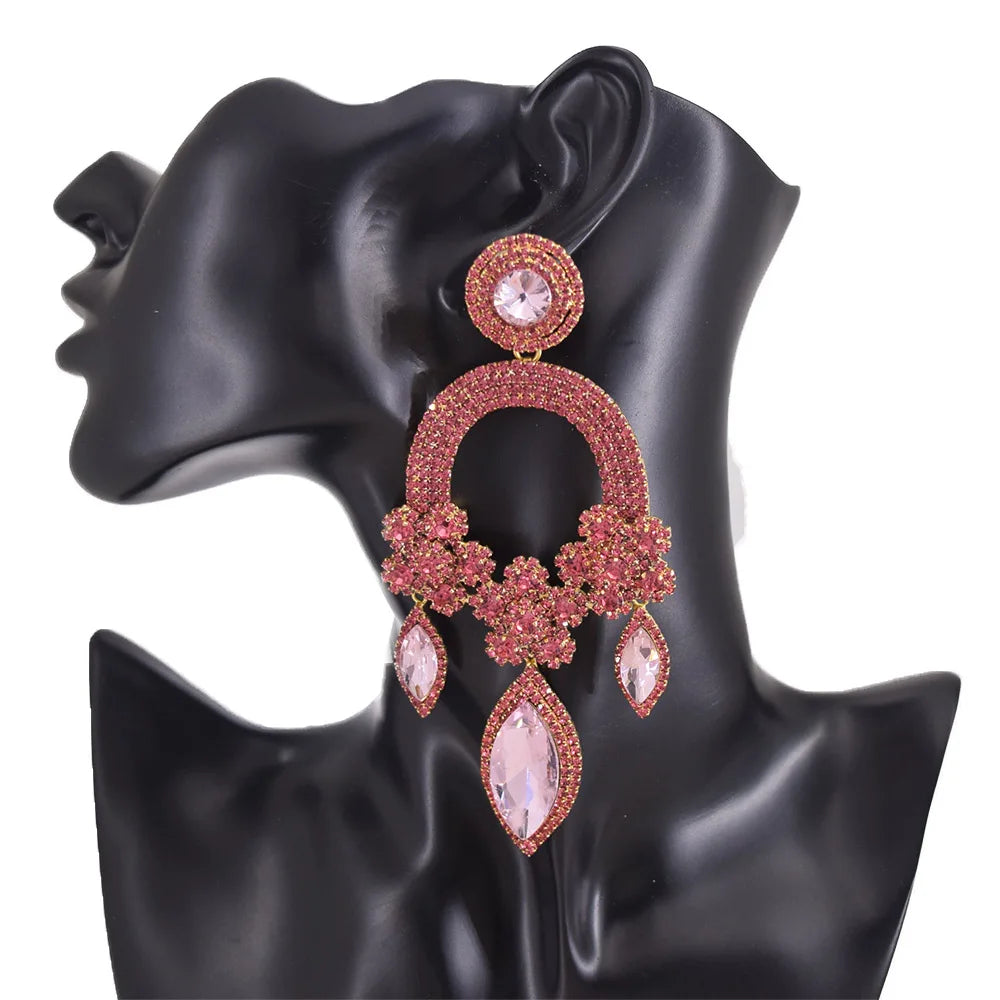 Oversized Crystal Drop Earrings | Rhinestone Pendant | Stage Jewelry