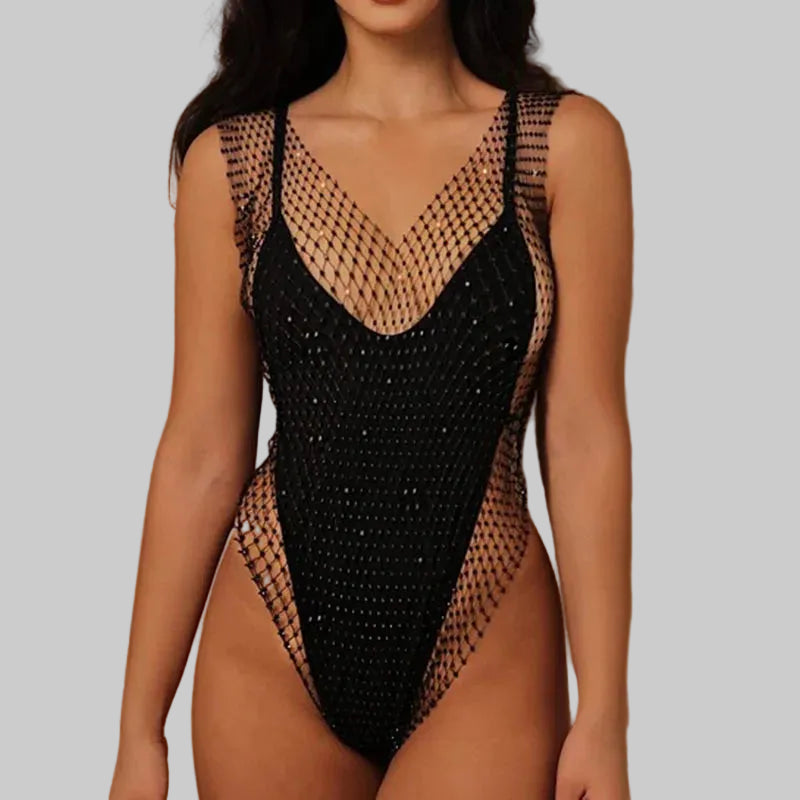 Rhinestone Fishnet Swimsuit Cover-Up - V-Neck See-Through Bodysuit