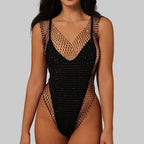 Rhinestone Fishnet Swimsuit Cover-Up - V-Neck See-Through Bodysuit