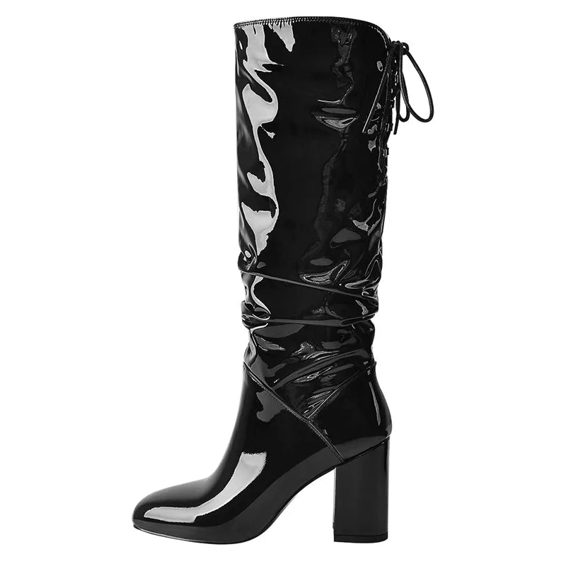 Pleated Patent Leather Mid-Calf Boots — Pointed Toe Chunky Heel