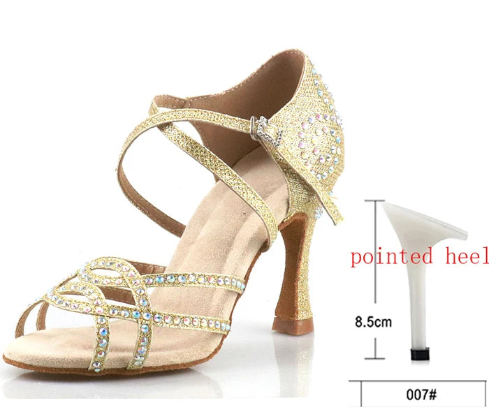 Women's Latin Dance Shoes | Satin Rhinestone | Multi Heel