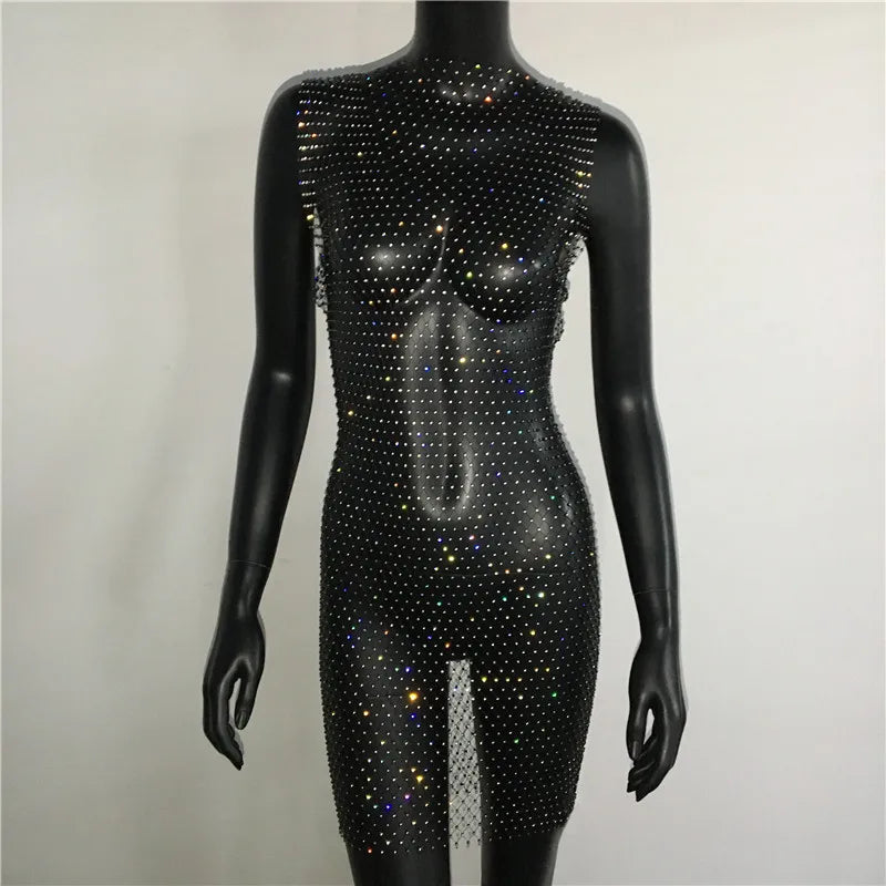 Crystal Fishnet Mini Dress - Rhinestone Mesh Party Dress