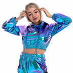 Holographic Crop Hoodie | Metallic Shiny | Drawstring