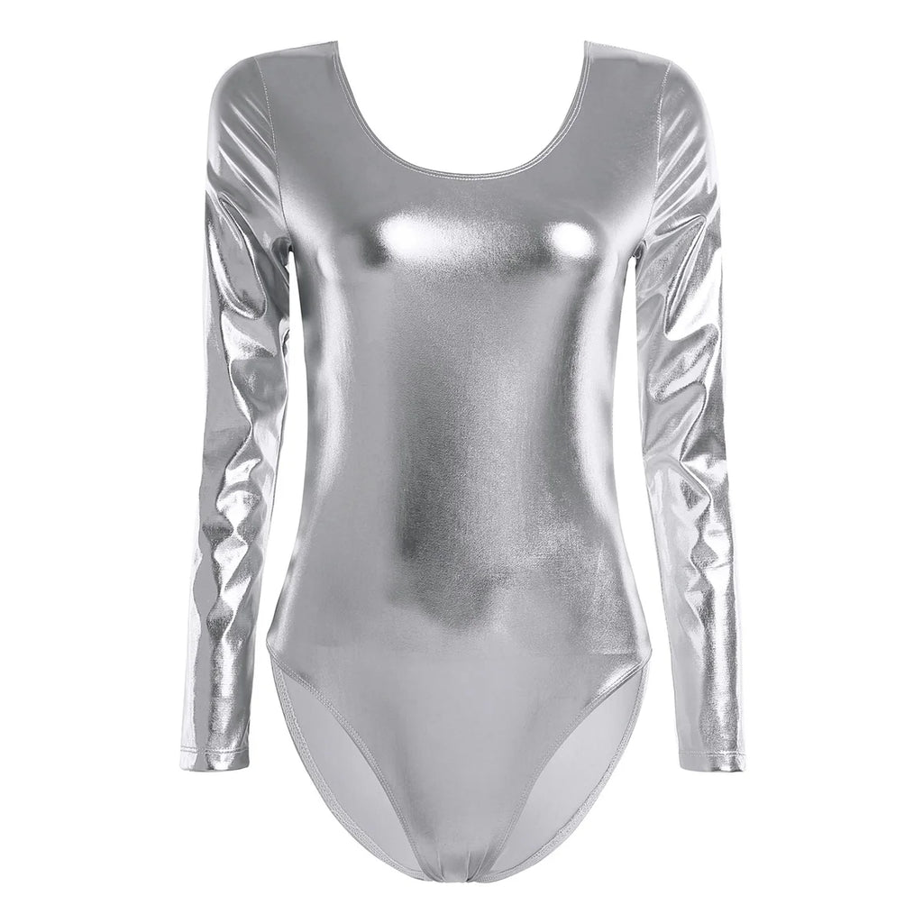 Metallic Wetlook Leotard | Long Sleeve | Scoop Neck