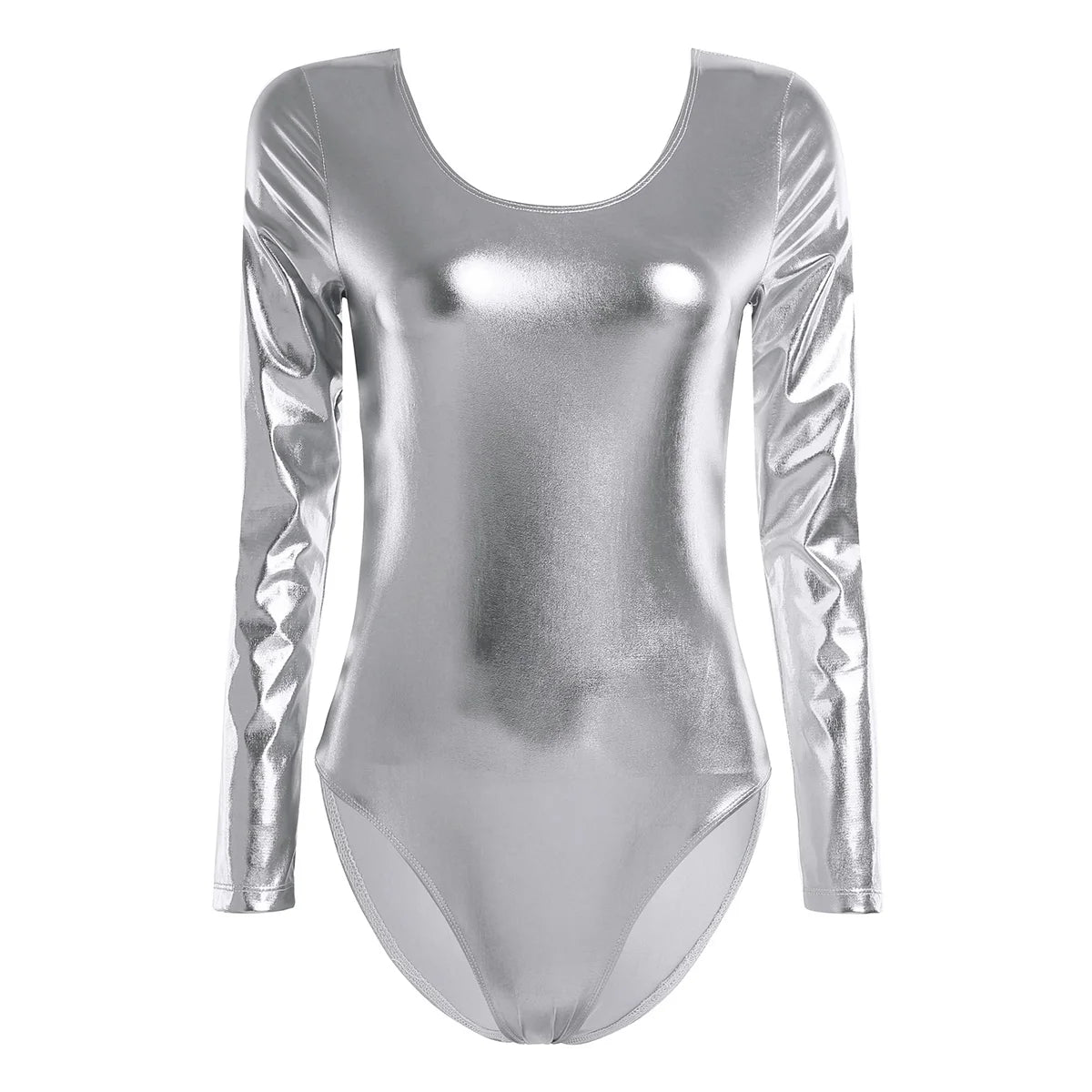 Metallic Wetlook Leotard | Long Sleeve | Scoop Neck
