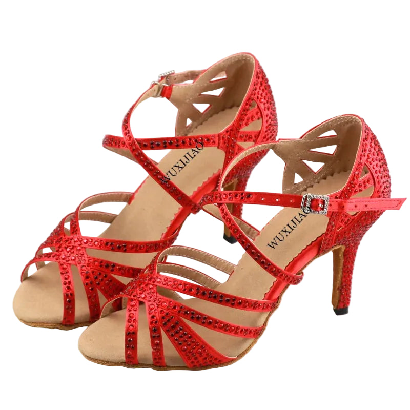 Red Rhinestone Latin Dance Heels | Satin | 6–10cm