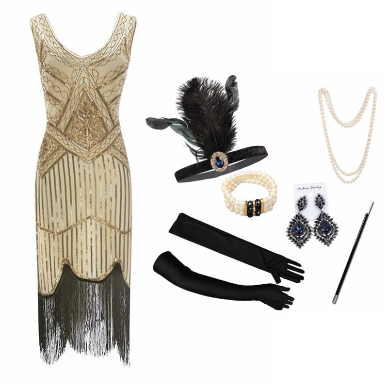 1920s Gatsby Flapper Dress & Accessory Set | Sequin Fringe | Plus Size XS–4XL