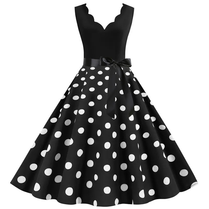 1950s Polka Dot Swing Dress | V-Neck | Bow Sash | 15 Colors