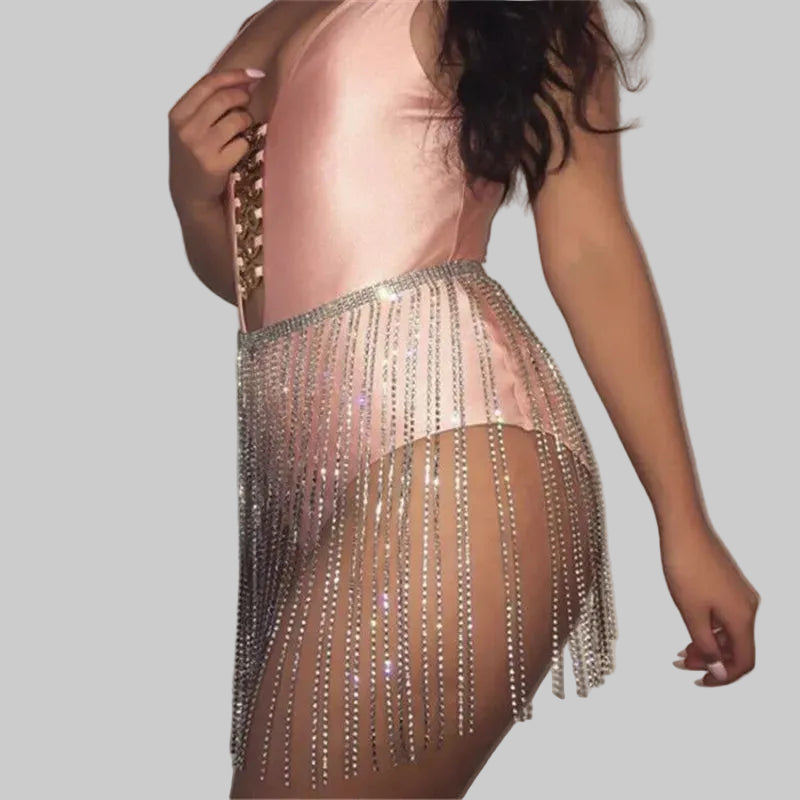 Rhinestone Tassel Fringe Skirt - Crystal Diamond Beach Cover-Up Mini Skirt