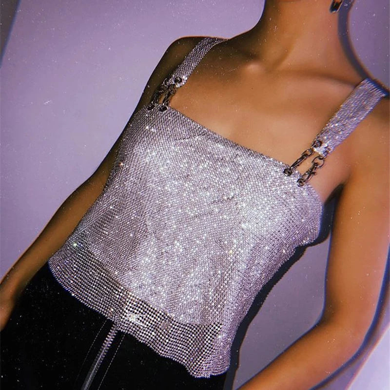 Rhinestone Metal Clip Camisole - Low Cut Backless Crop Top