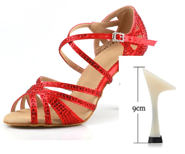 Red Rhinestone Latin Dance Heels | Satin | 6–10cm