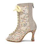 Sequin Mesh Latin Dance Boots | Peep Toe | Lace-Up Heel