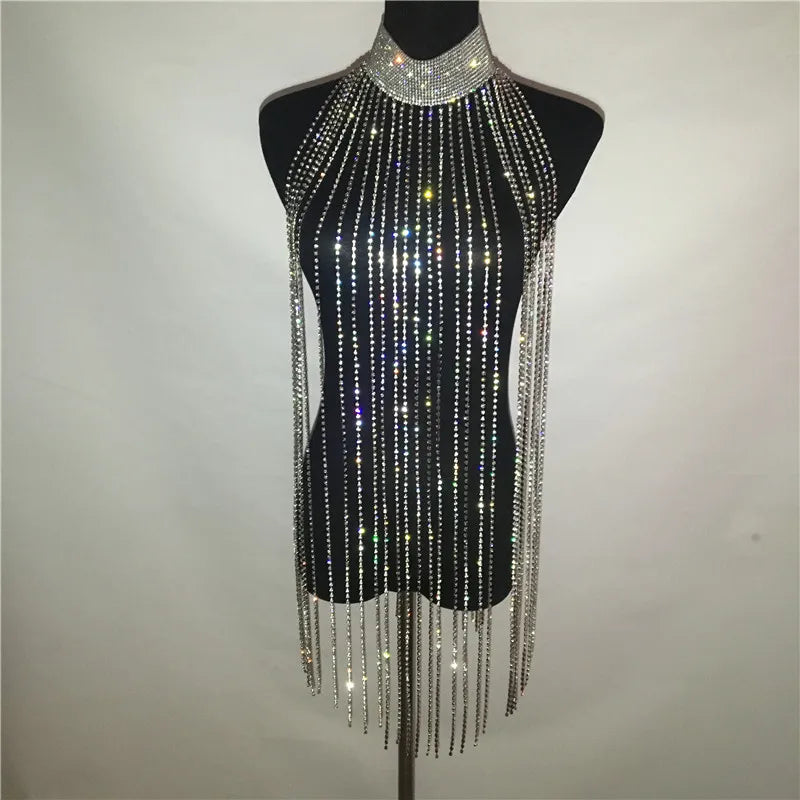 Rhinestone Tassel Long Tank Top - Turtleneck with Fringe