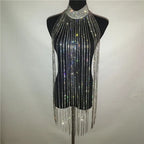 Rhinestone Tassel Long Tank Top - Turtleneck with Fringe