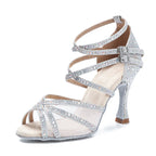 Silver Rhinestone Strappy Latin Heels | Satin | 6–10cm Stiletto