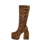 Leopard Platform Knee-High Boots — Square Heel Zip Boots