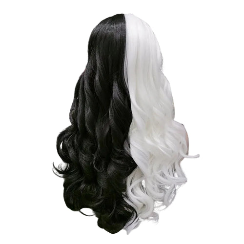 24" Half White Half Black Two-Tone Wavy Lace Front Wig