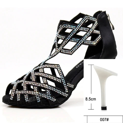 Rhinestone Cut-Out Latin Dance Sandals | Thin Heel | 6–10cm | Black & Blue