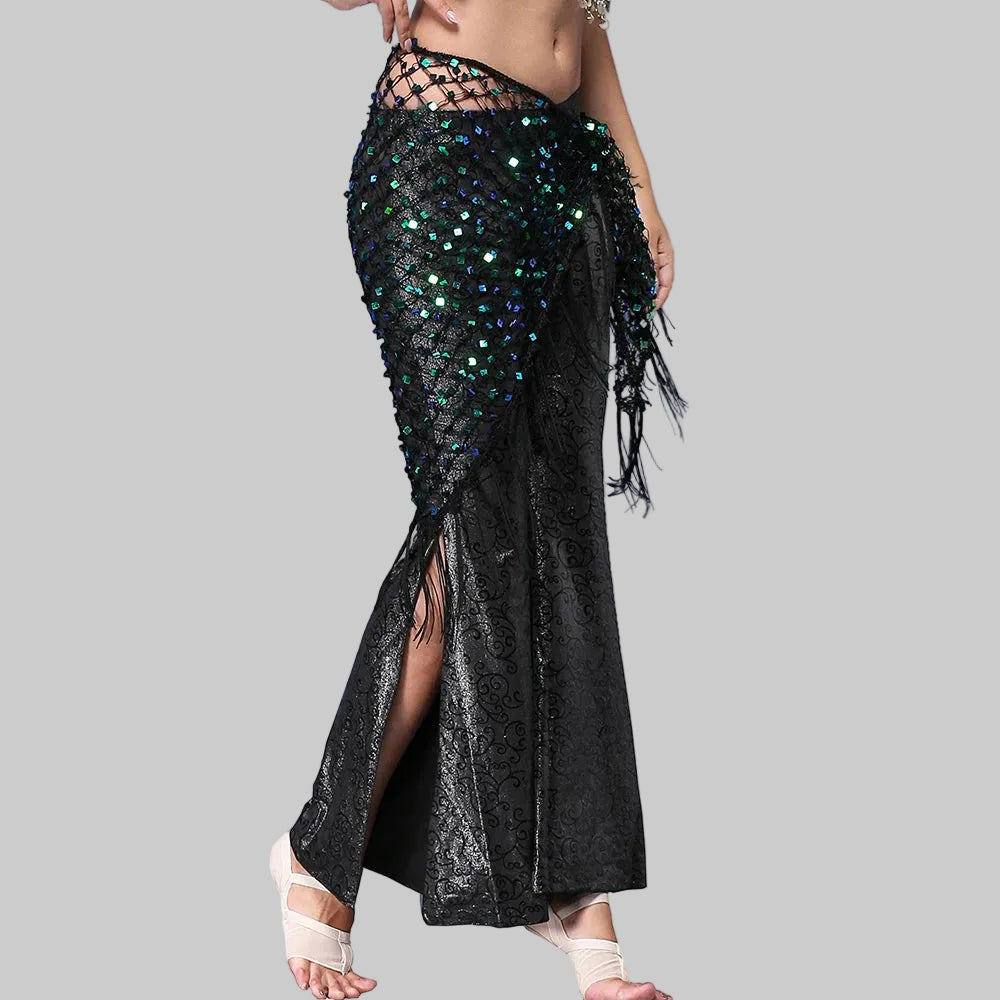 Sequin Belly Dance Hip Scarf - Shimmering Crochet Tassel Belt for Performance
