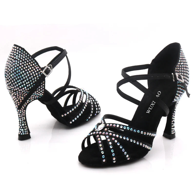 Rhinestone Latin Dance Heels | Satin | Multi-Heel