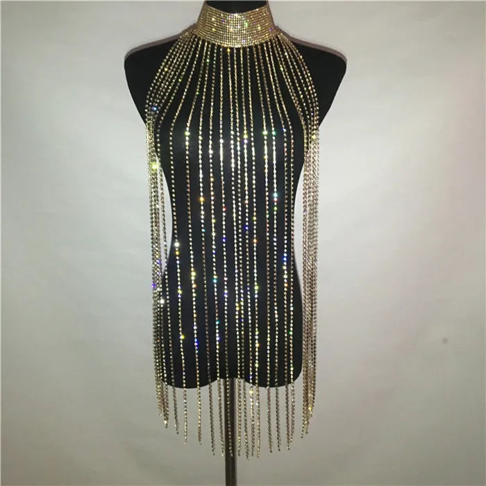 Rhinestone Tassel Long Tank Top - Turtleneck with Fringe