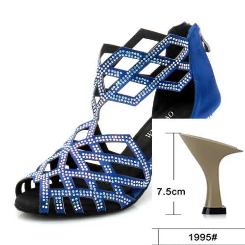 Rhinestone Cut-Out Latin Dance Sandals | Thin Heel | 6–10cm | Black & Blue
