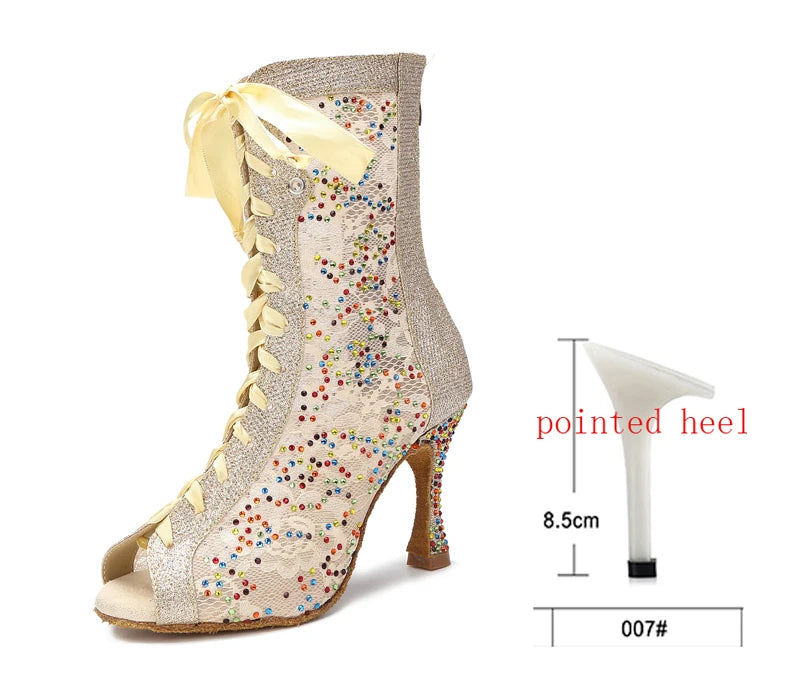 Sequin Mesh Latin Dance Boots | Peep Toe | Lace-Up Heel