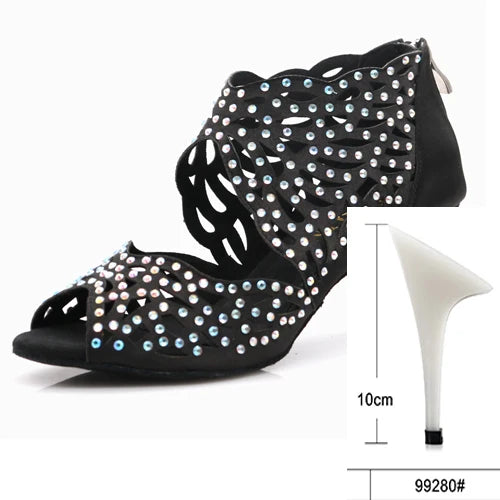 Rhinestone Latin Dance Heels | Cutout Satin | Multi-Height