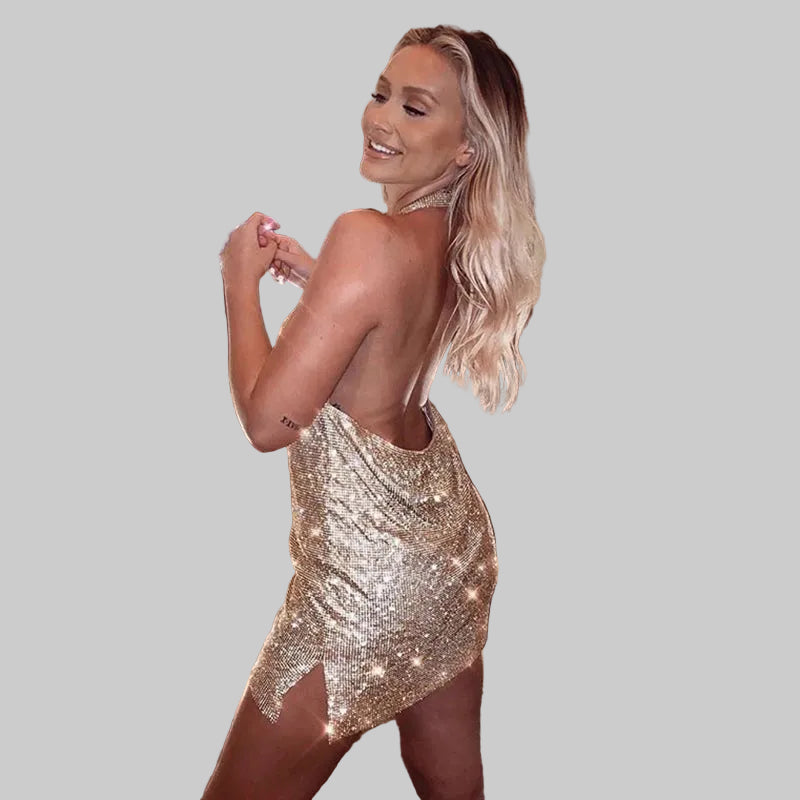 Crystal Rhinestone Halter Mini Dress - Backless Metal Mesh Cocktail Dress
