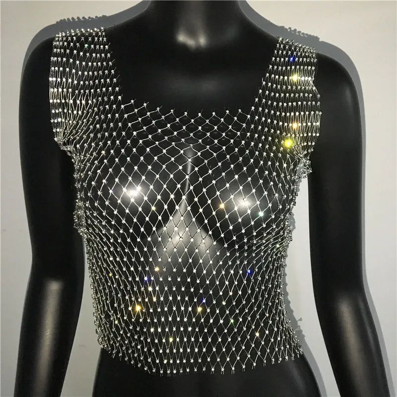 Glitter Rhinestone Fishnet Tank Top - Backless Square Neck Crop Top