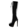 Patent Lace-Up Knee-High Boot | Platform Stiletto | Black