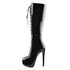 Patent Lace-Up Knee-High Boot | Platform Stiletto | Black