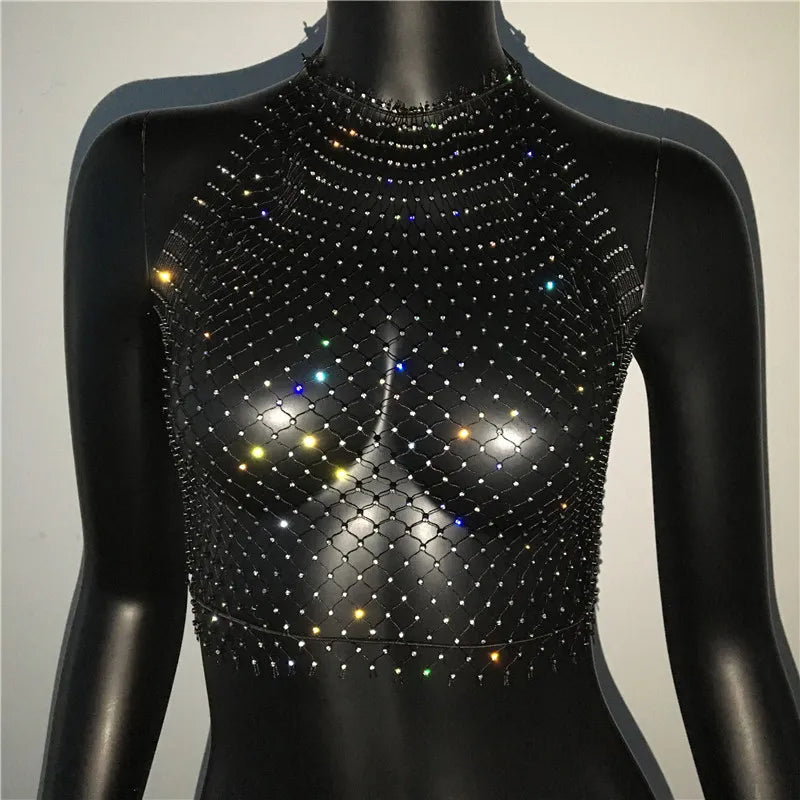 Bling Rhinestone Fishnet Crop Top - Adjustable Bandage Sheer Tank