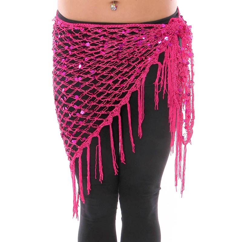 Sequin Belly Dance Hip Scarf - Shimmering Crochet Tassel Belt for Performance