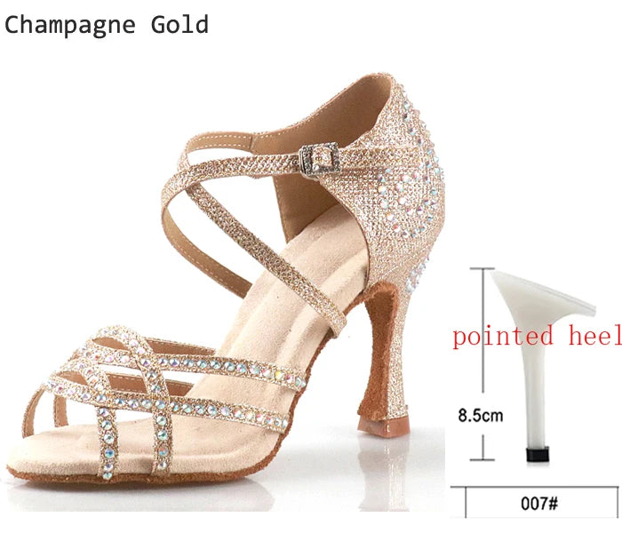 Women's Latin Dance Shoes | Satin Rhinestone | Multi Heel