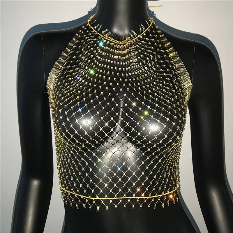 Bling Rhinestone Fishnet Crop Top - Adjustable Bandage Sheer Tank