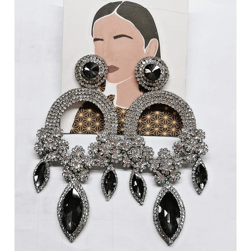 Oversized Crystal Drop Earrings | Rhinestone Pendant | Stage Jewelry
